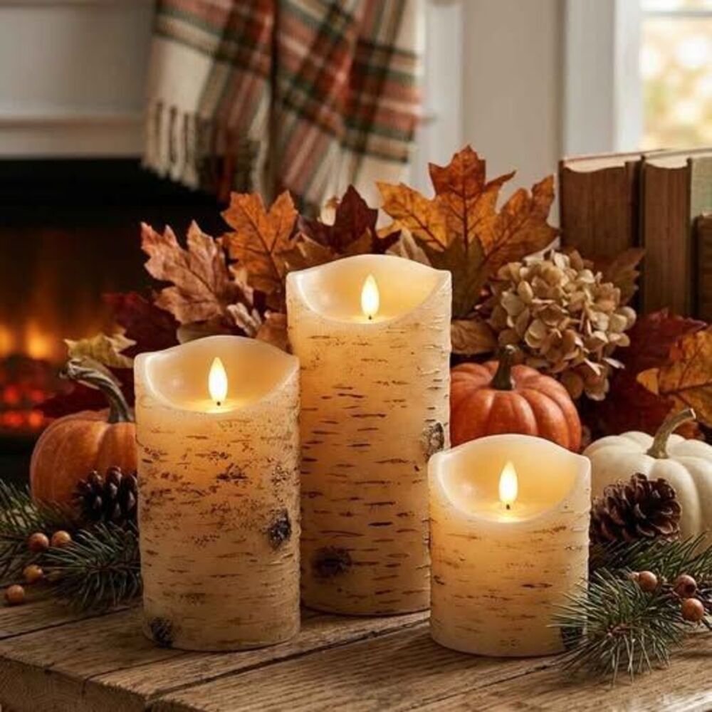 Birch LED Flickering Flameless Candles Set Of 3 Rustic Decor